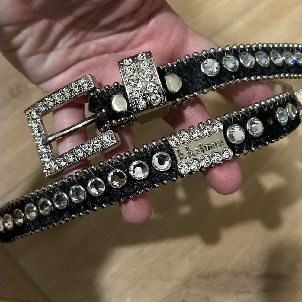 B.B. SIMON Swarovski Crystal Studded Leather & Calf Hair Belt